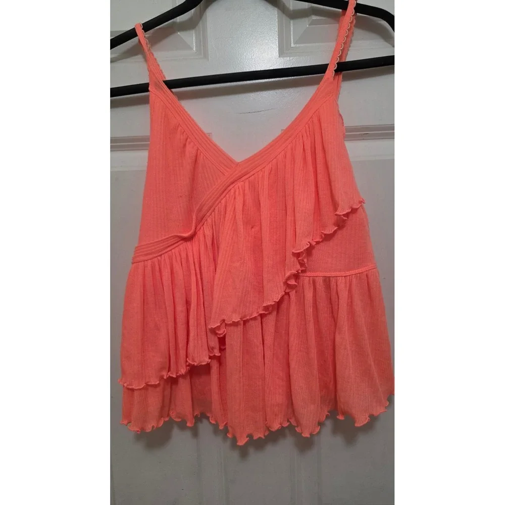 Free People Cami Top Womens Medium Neon Coral Orange Ribbed Ruffle Boho Peplum‎